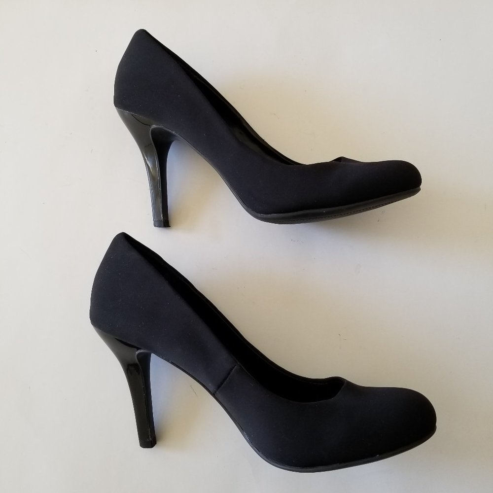 A.N.A.  A New Approach Black Satin  Round-Toe Pumps w/ Patent Leather Heels  8